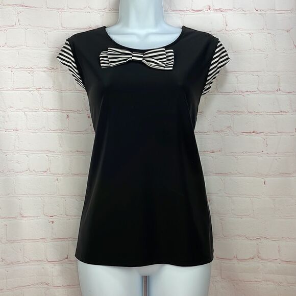 KARL LAGERFELD PARIS KNIT BOW CAP SLEEVE SCUBA BLOUSE SIZE Small - Picture 4 of 14